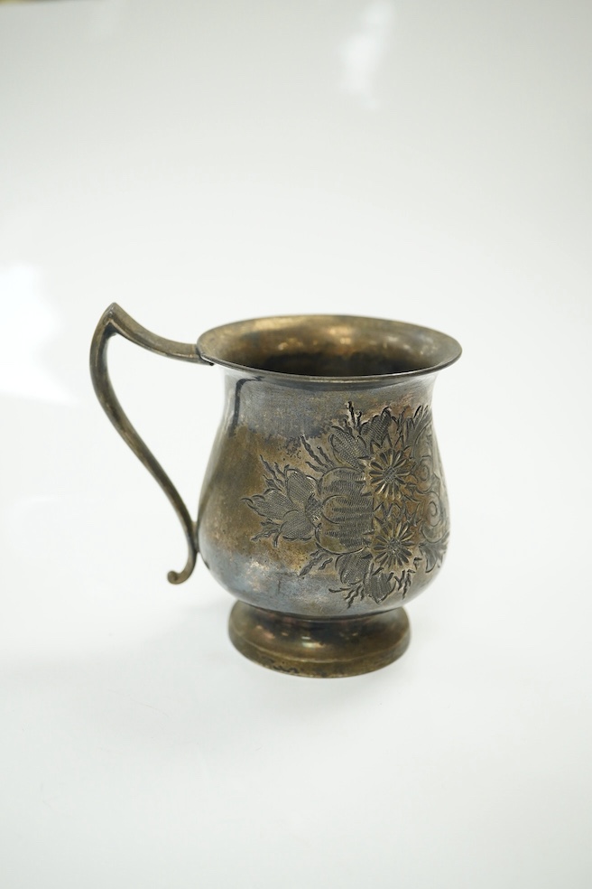 A group of assorted silver and plated wares including a silver scallop butter dish and knife and a three piece condiment set, 12 oz of weighable silver. Condition - oxidised otherwise good